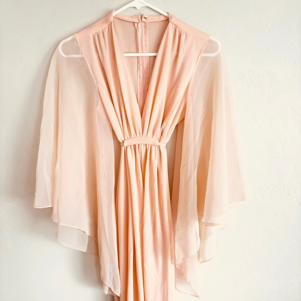Vintage 1970s Peach Angel Wing Sleeve Deep V-neckline Empire Waist Maxi Dress - Picture 3 of 15